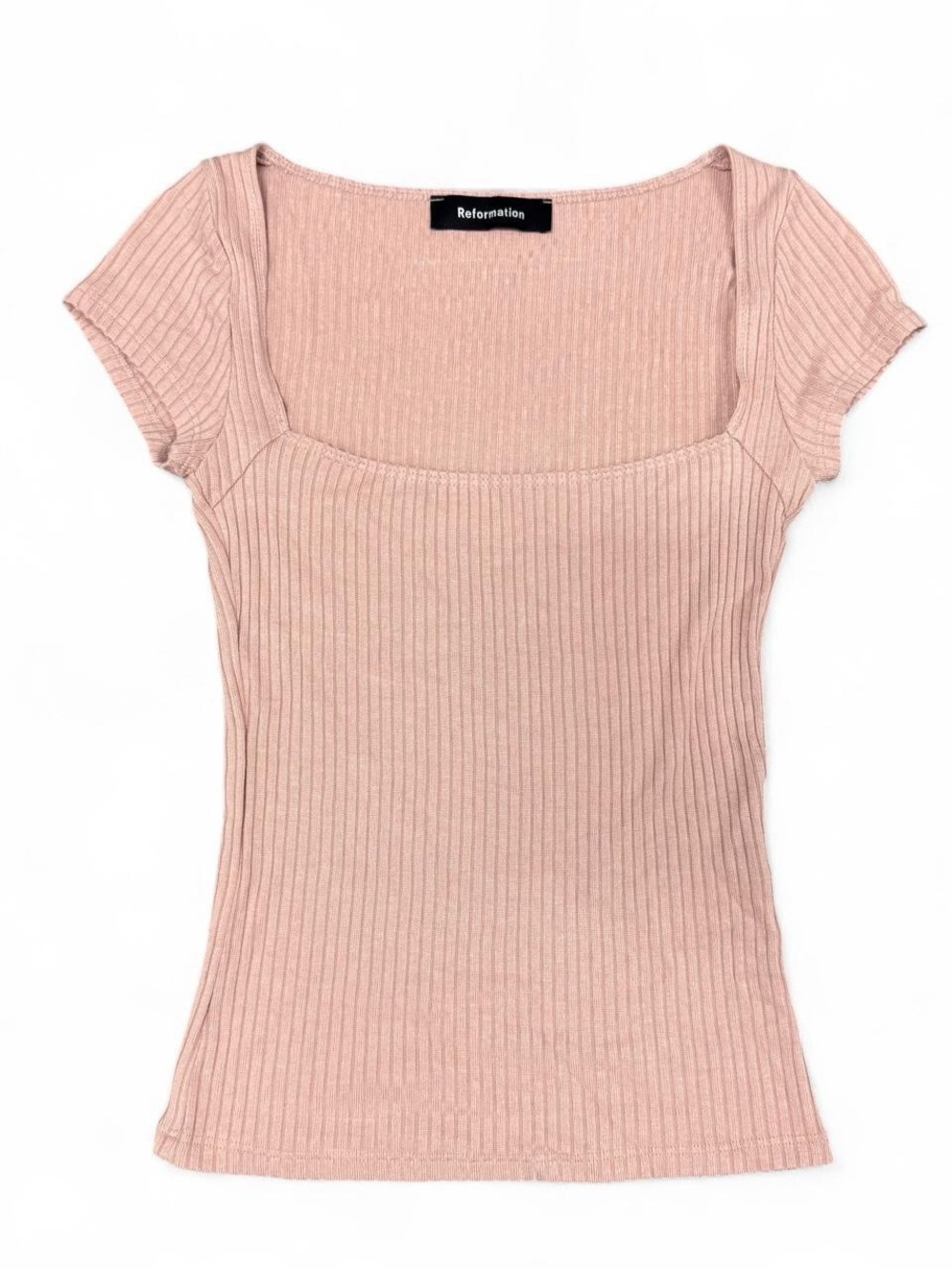 Reformation Pink Ribbed Square Neck Short Sleeve Tee